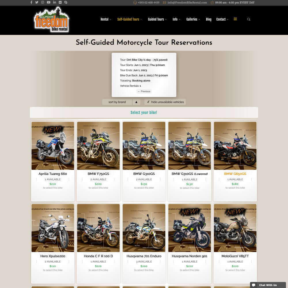 Ecuador Freedom Bike Rental | Vehicle Reservation System